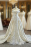 Champagne Mermaid Tulle Off the Shoulder Beading Sequins Prom Dresses With Removable Train