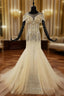 Champagne Mermaid Tulle Sequins Cap Sleeve Beading Crystal Wedding Dresses