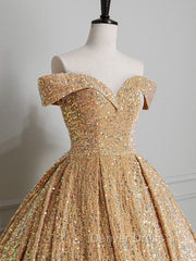 Champagne Off Shoulder Sequin Long Prom Dresses, Champagne Formal Dresses