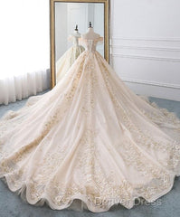 Champagne Off Shoulder Tulle Lace Long Wedding Dresses, Wedding Gown Prom Dresses
