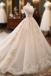 Champagne Off Shoulder Tulle Lace Long Wedding Dresses, Wedding Gown Prom Dresses
