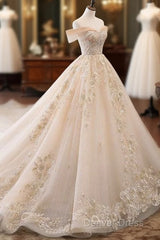Champagne Off Shoulder Tulle Lace Long Wedding Dresses, Wedding Gown Prom Dresses