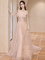 Champagne Off Shoulder Tulle Sequin Long Prom Dress, Champagne Prom Dresses