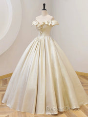 Champagne Off The Shoulder Floor Length Prom Dresses, Elegant A-Line Evening Party Dresses