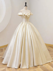 Champagne Off The Shoulder Floor Length Prom Dresses, Elegant A-Line Evening Party Dresses