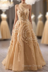 Champagne One Shouder Tulle Prom Dresses
