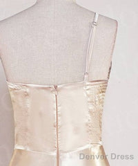 Champagne One Shoulder Satin Midi Bridesmaid Dress