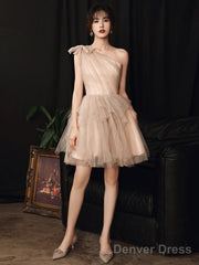 Champagne One Shoulder Tulle Short Party Dress, Short Homecoming Dresses