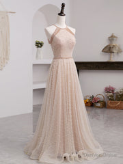 Champagne Pink Long Prom Dress, A Line Tulle Formal Dress Graduation Dresses