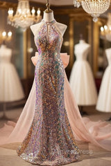 Champagne Pink Mermaid Sequins Beading Prom Dresses