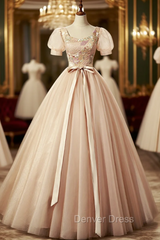 Champagne Pink Tulle Puff Sleeve Quinceanera Dresses