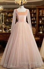 Champagne Pink Tulle Square Long Sleeve Prom Dresses
