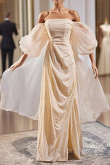 Champagne Puff Sleeve Pleats Prom Dresses