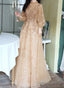 Champagne Puffy Sleeves Long Beaded Party Dress, Champagne Tulle Prom Dress