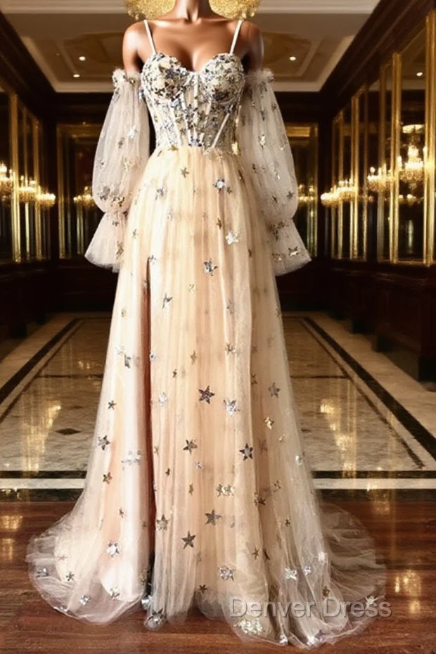 Champagne Puffy Sleeves Tulle Long Prom Dress, Champagne Prom Dress