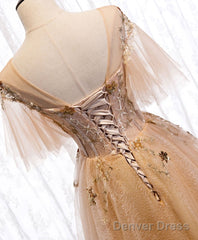 Champagne Puffy Sleeves Tulle Long Evening Dress Party Dress, A-Line Tulle Prom Dresses