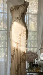 Champagne Retro Bodycon Dress Chiffon One Shoulder Beaded Long Prom Dress Graduation Prom Dress