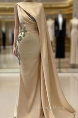 Champagne Robe De Soiree Sheath Floor Length Satin Beaded Long Prom Dresses Prom Gown Evening Dresses
