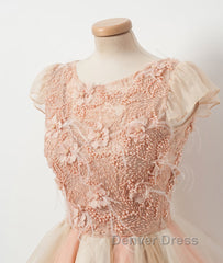 Champagne round neck tulle beads short prom Dresses, homecoming Dresses