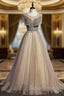 Champagne Round Neck Tulle Sequin Long Prom Dress Tulle Prom Dresses