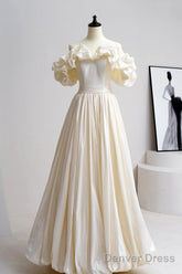 Champagne Satin Floor Length Prom Dress, Off The Shoulder A-Line Evening Party Dress