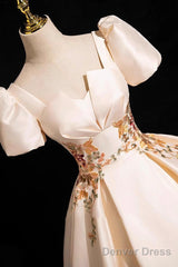 Champagne Satin Lace Long Prom Dress, Elegant A-Line Short Sleeve Party Dress