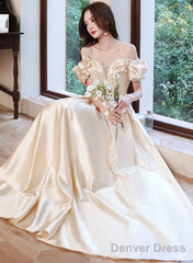 Champagne Satin Long Off Shoulder Prom Dress, A-Line Beaded Evening Dress