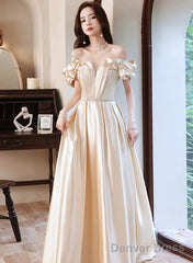 Champagne Satin Long Off Shoulder Prom Dress, A-Line Beaded Evening Dress