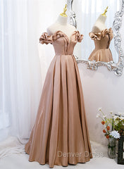 Champagne Satin Long Party Dresses Prom Dresses, A-line Simple Formal Dresses