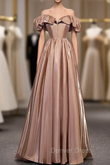 Champagne Satin Off the Shoulder Long Prom Dresses