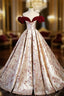 Champagne Satin Print Burgundy Velvet Prom Dresses