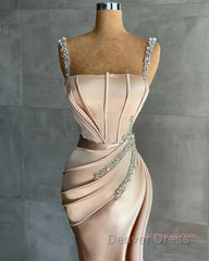 Champagne Satin Straps Beading Mermaid Prom Dresses