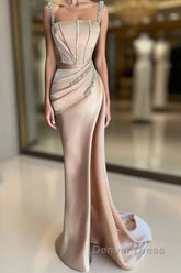 Champagne Satin Straps Beading Mermaid Prom Dresses