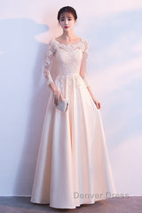 Champagne Satin With Lace Long Sleeves Prom Dresses Evening Dresses, A-Line Simple Bridesmaid Dresses