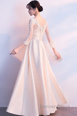 Champagne Satin With Lace Long Sleeves Prom Dresses Evening Dresses, A-Line Simple Bridesmaid Dresses