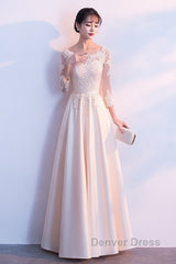 Champagne Satin With Lace Long Sleeves Prom Dresses Evening Dresses, A-Line Simple Bridesmaid Dresses