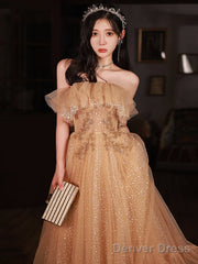 Champagne Scoop Tulle With Lace Applique Long Party Dress, A-Line Prom Dress