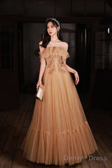 Champagne Scoop Tulle With Lace Applique Long Party Dress, A-Line Prom Dress