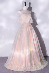 Champagne Sequins Long A-Line Prom Dresses, Off the Shoulder Evening Party Dresses