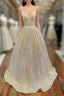 Champagne Sequins Long A Line Prom Dress, Shiny V Neck Spaghetti Straps Prom Dresses