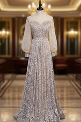 Champagne Sequins Long Sleeve Prom Dresses
