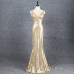 Champagne Sequins Low Back Long Bridesmaid Dresses, Mermaid Prom Dresses Party Dresses