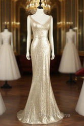 Champagne Sequins Low Back Long Bridesmaid Dresses, Mermaid Prom Dresses Party Dresses