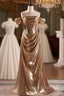 Champagne Sequins Off the Shoulder Pleats Prom Dresses