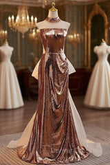 Champagne Sequins Strapless Prom Dresses With Bow