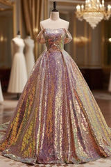 Champagne Sequins Strapless Prom Dresses With Train