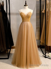 Champagne Sequins Tulle Straps Long Evening Dress Party Dress, Sweetheart Prom Dress