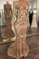 Champagne Sequins V-Neck Long Sleevess Mermaid Prom Dresses