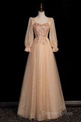 Champagne Short Sleeves Beaded Long Party Dresses, A-Line Tulle Prom Dresses