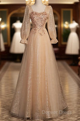 Champagne Short Sleeves Beaded Long Party Dresses, A-Line Tulle Prom Dresses